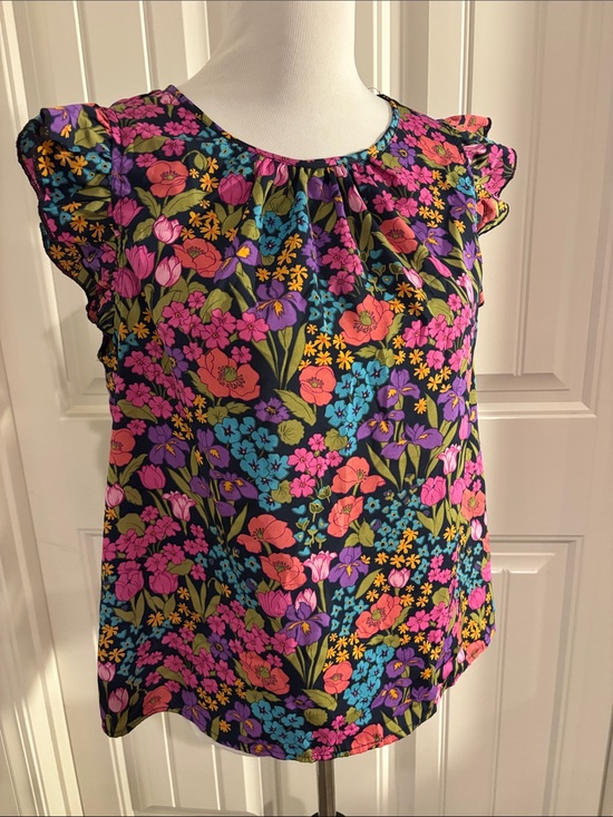 Emery Rose Tops - Women's Multicolor Floral Flutter-Sleeve Blouse - Black Base